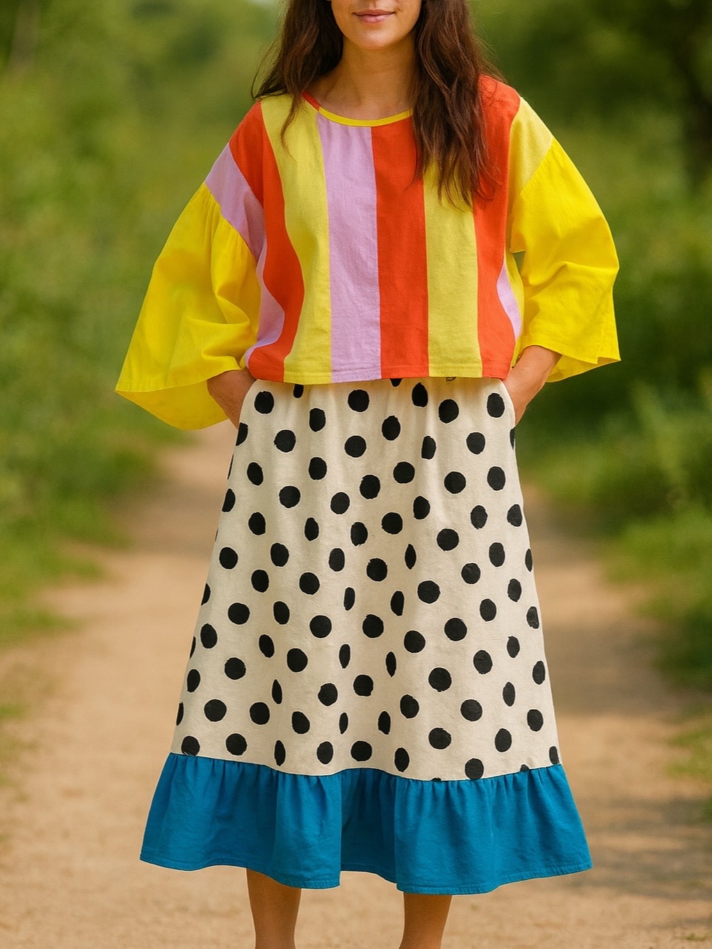 Woman wearing polka dot cotton skirt with colorful striped top