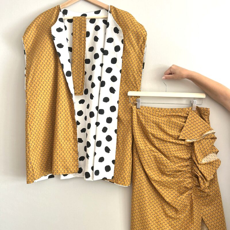 Mustard polka dot reversible vest and wrap skirt set in 100 percent cotton