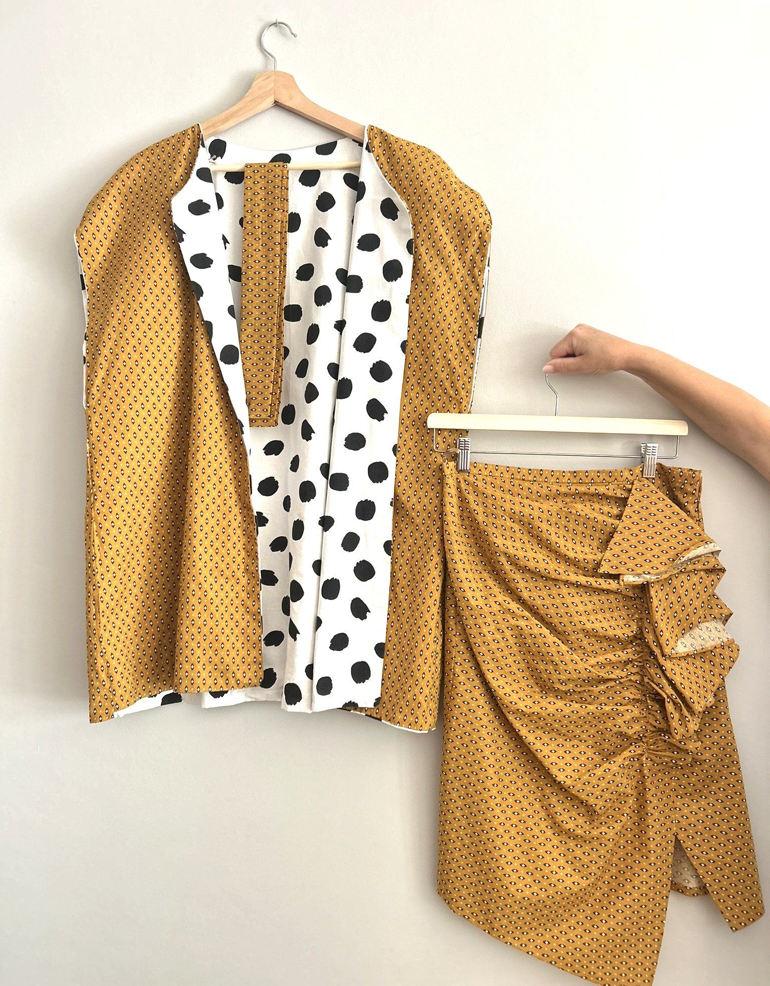 Mustard polka dot reversible vest and wrap skirt set in 100 percent cotton